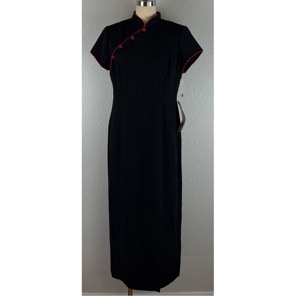 S.L. Fashions NWT Black Maxi Dress with Red Strips & Buttons Zip Back size 10 - Picture 3 of 14